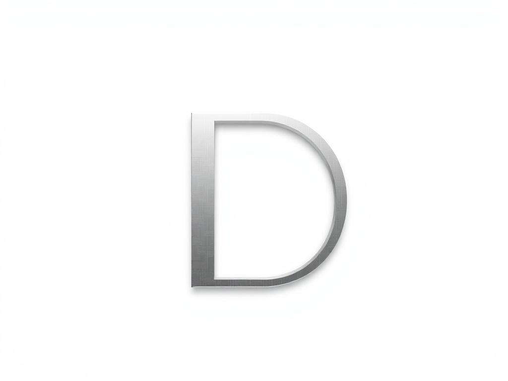 A stylized letter 'D' formed by clean geometric lines, negative space, minimal and modern, silver on white background, vector-like appearance but photorealistic rendering.